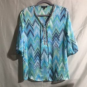 Notations blue and green sheer 3/4 sleeve shirt size M